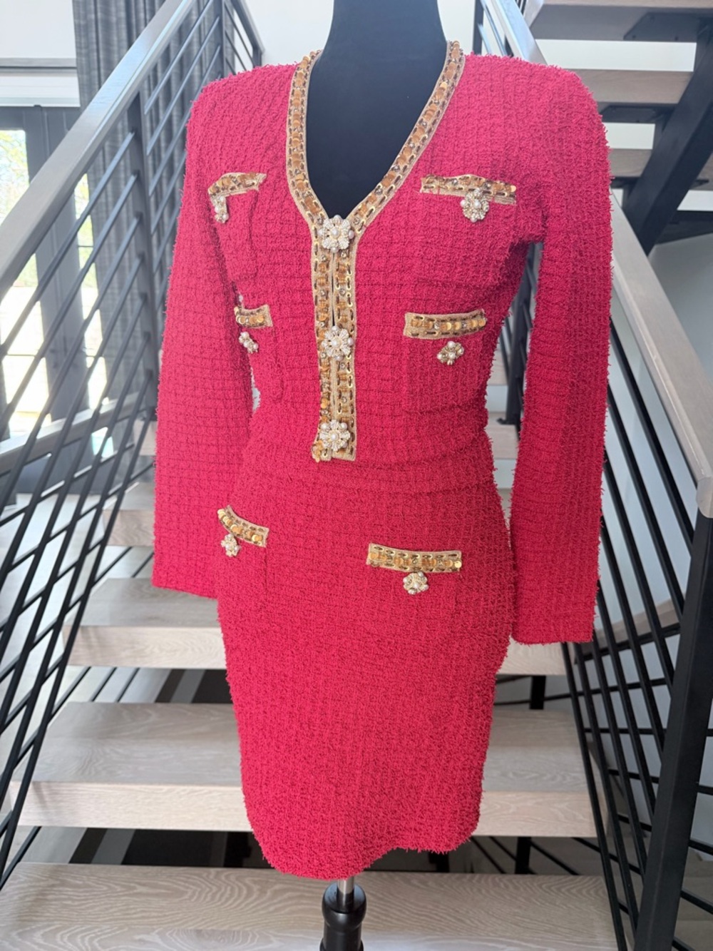 New Self portrait Red Tweed Two-Piece Skirt Set with Gold Trim size S - Picture 10 of 15